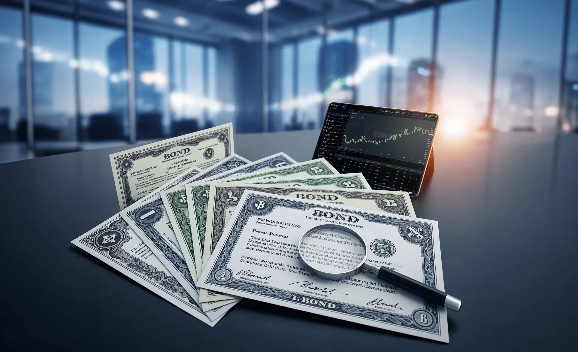 Bond certificates and banknotes under a magnifying glass