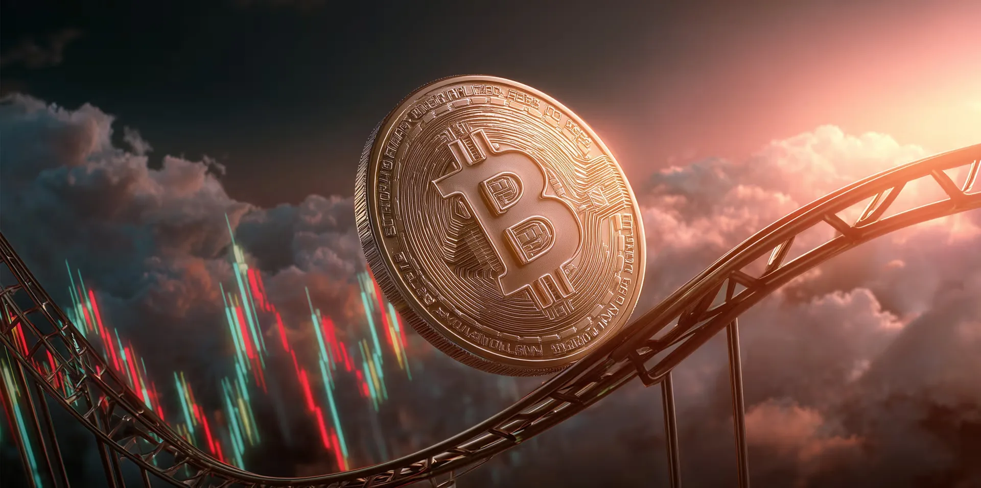 A Bitcoin coin on a rollercoaster track above the clouds
