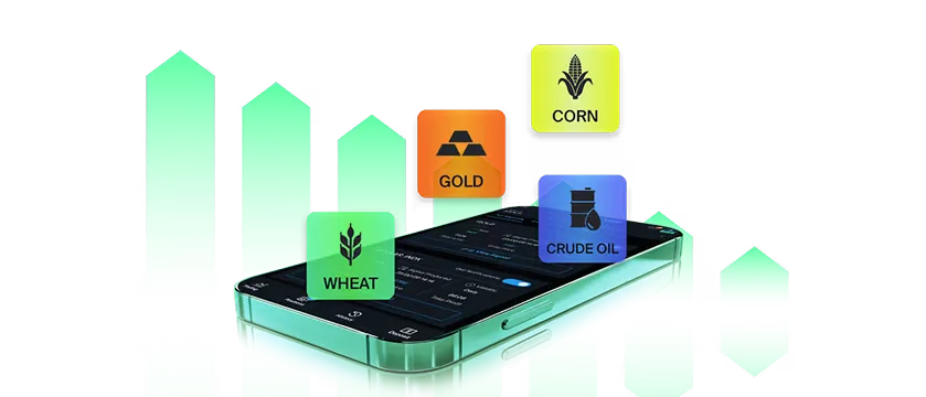 A trading app surrounded by gold, corn, wheat and crude oil tiles