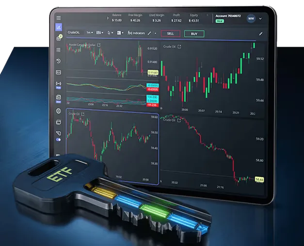 A trading platform on a tablet beside an ETF key