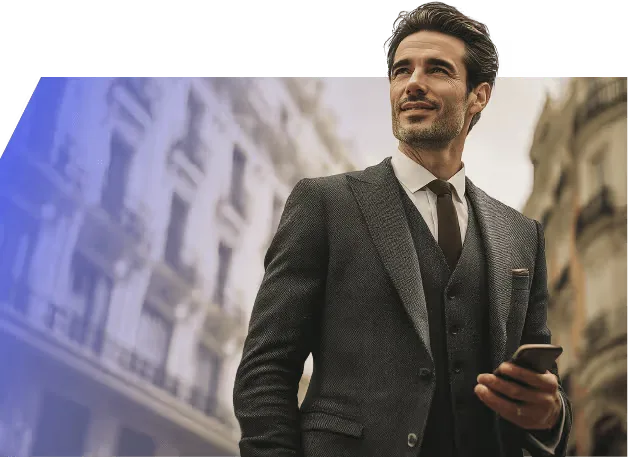 A trader in a suit holding his phone in a city street