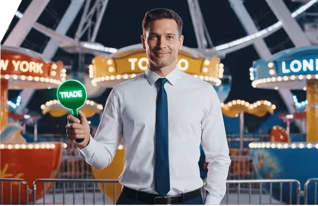 A trader holding a Trade sign in front of a fairground of world markets