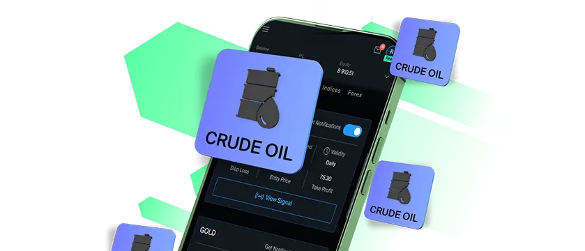 A trading app on a phone surrounded by crude oil tiles