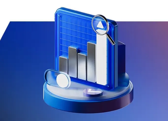 A 3D bar chart under a magnifying glass